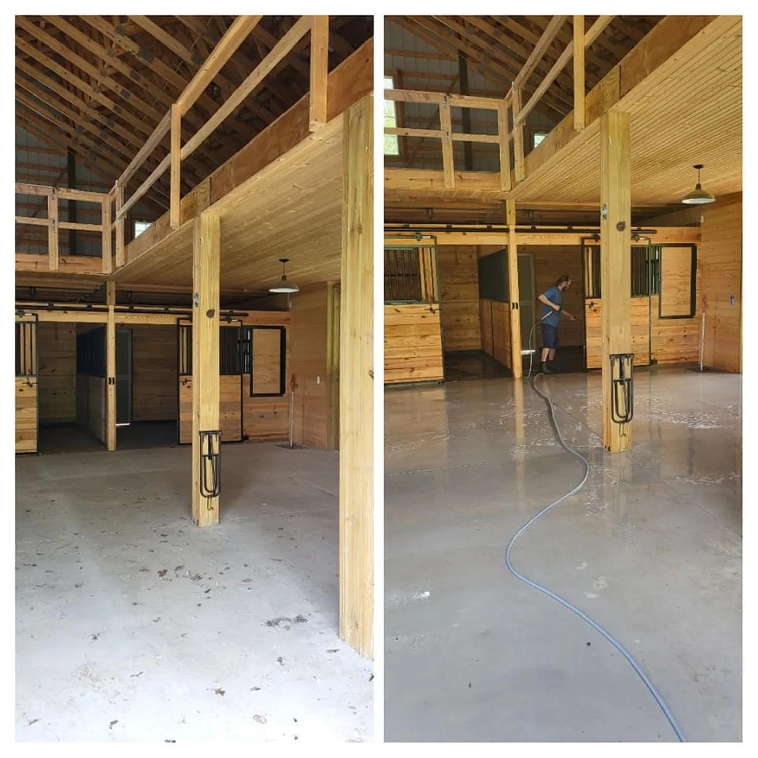 A timber-framed barn aisle with stall fronts either side, its concrete floor being pressure washed.