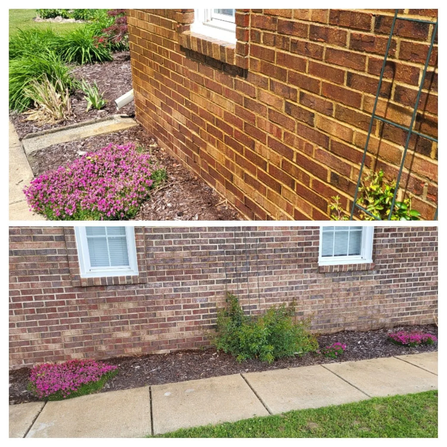 A concrete walkway running alongside a brick base wall, cleaned.