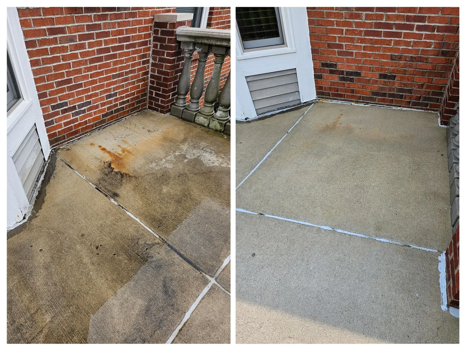 Orange-brown iron staining on a concrete pad against a brick wall, before and after treatment.