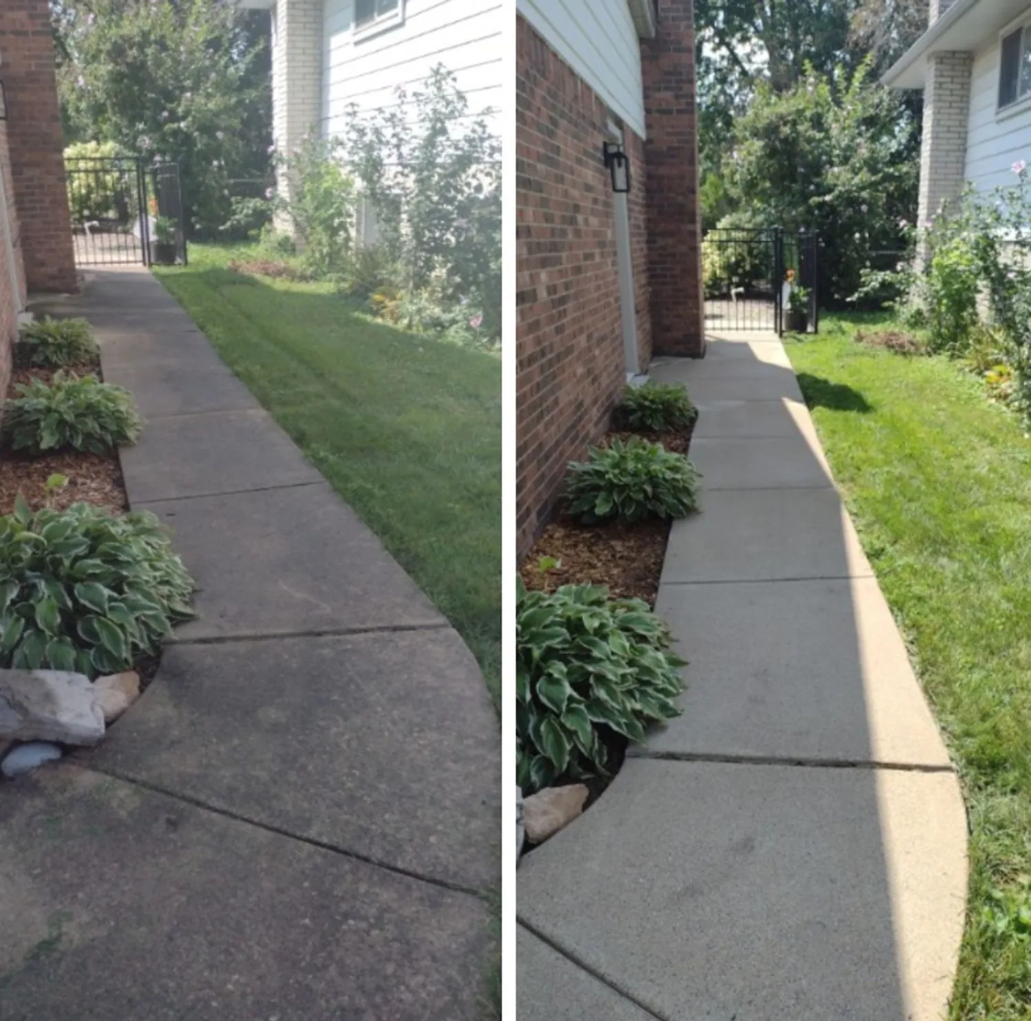 A walkway running between two separate buildings on one property, cleaned.